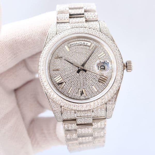 Classic Full Diamond Mens Watch Automatic Mechanical Watches 41mm Silver Strap For Men Life Waterproof WristWatch Business WristWatches