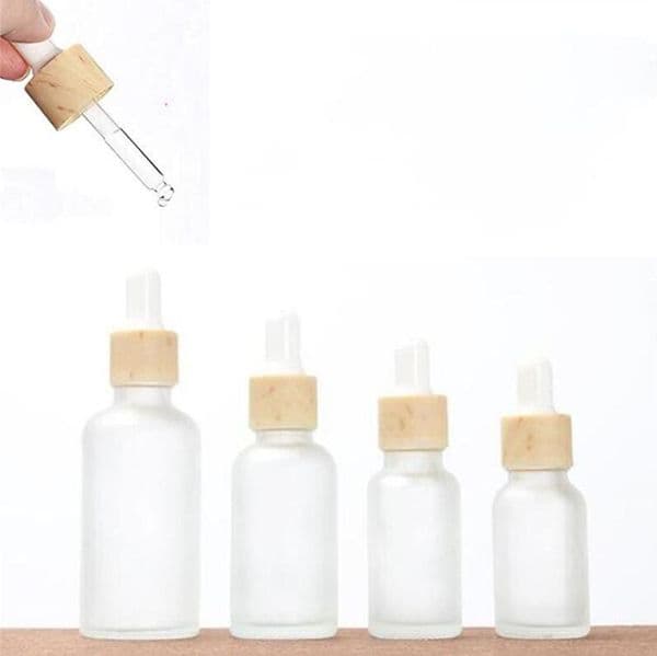 wholesale Frosted Glass Dropper with Imitated Wooden Lids Empty Refillable Vial Cosmetic Container Jar Holder Sample Bottle
