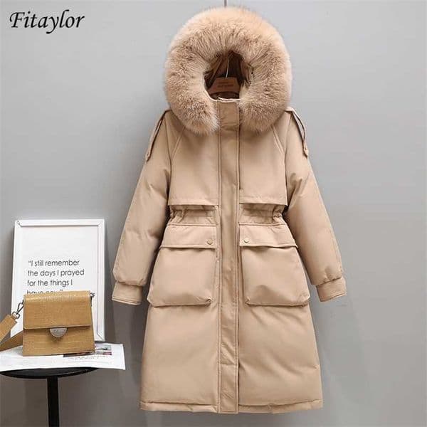 Fitaylor Winter Women Long Jacket Large Natural Fur Collar Hooded Parkas 90% White Duck Down Coat Thickness Snow Warm Outwear 211009
