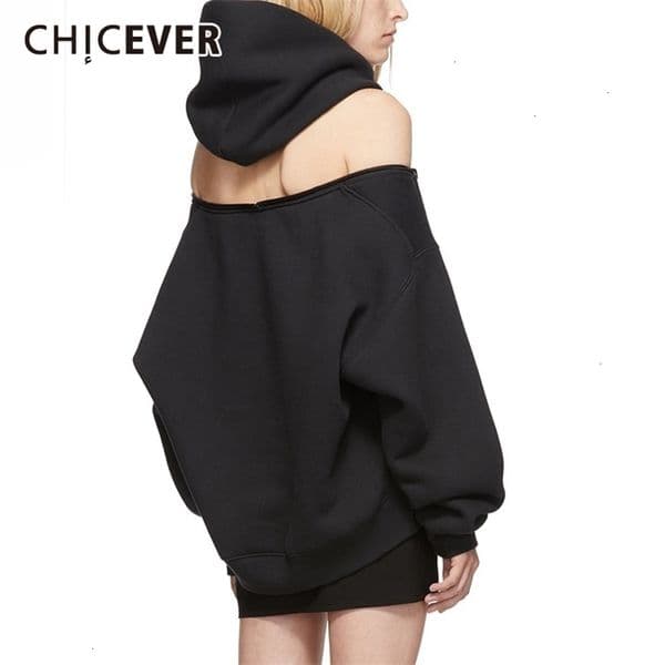 CHICEVER Black Womens Sweatshirts Hooded Long Slve Zipper Backless Off Shoulder Sweatshirt Clothes S260525