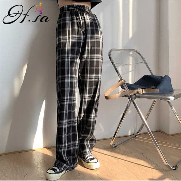 H.SA Women Spring Plaid Trousers Baggy Long Pants Lady Oversized Wide Leg Plaid Pant Casual High Waist Women Pantalon Femme 210716