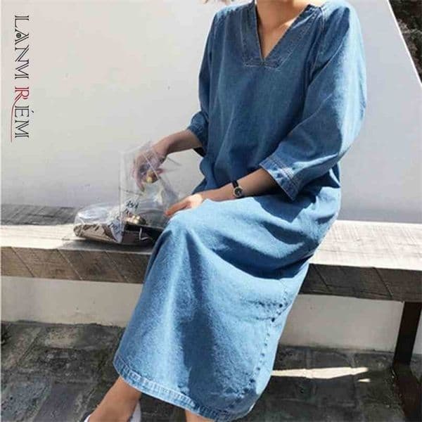 Women Big Size Denim Blue Midi Long Casual Dress V- Neck Sleeve Loose Fit Fashion Spring Summer 2E1098 210526
