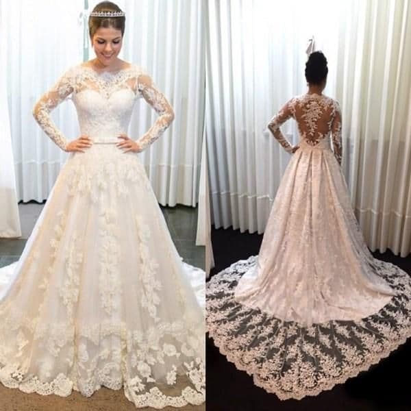 2021 Lace Dresses Long Sleeves Bateau Neckline Sweep Train Ribbon Sexy Illusion Back Custom Made Wedding Gown Vestido