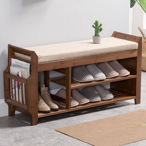 Natural Bamboo Shoe Storage Rack Bench with 2-Tier Cushion Seat Living Room Shoe Organizer Entryway Storage Hallway Furniture 210306