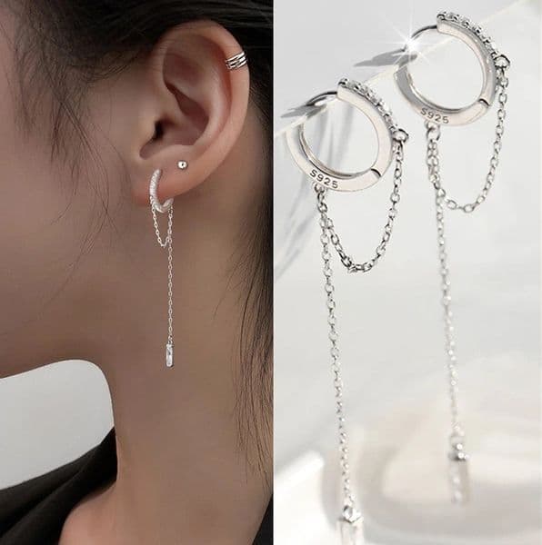 925 Sterling Silver Tassel Round Bead Long Drop Dangle Earrings for Women Personalized Hip Hop Trend with Diamond Party Wedding Jewelry 1pcs