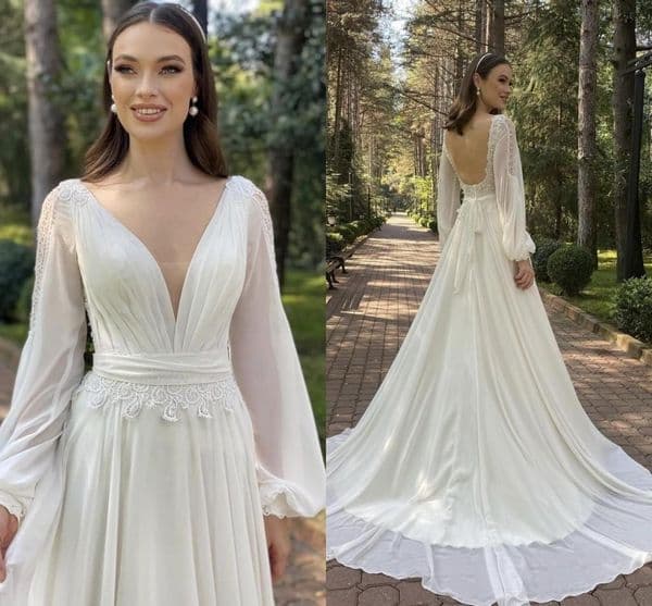 Chiffon A Line Wedding Dress 2021 Rustic Country Sexy Deep V Neck Puffy Long Sleeves Sweep Train Beach Bridal Gowns Lace Backless Vestido De Novia