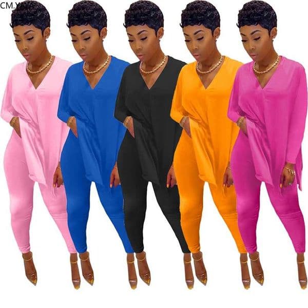 CM.YAYA Fashion Solid Women Two Piece Set Split Side V-neck Tops Jogger Sweatpants Suit Tracksuit Matching Fitness Outfits 211105