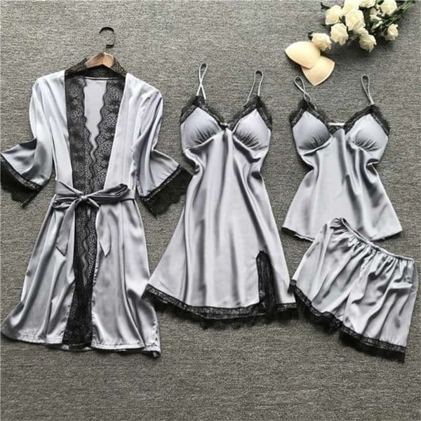 QWEEK pajamas for woman home clothes Silk Sexy Lace Pyjamas Satin Sleepwear Pijama Homewear Summer with Chest Pads 210928