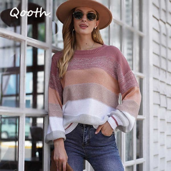 Qooth Loose Jumper Women Crochet Top Knitwear Stripe Long Sleeve Pullover Sweaters Casual QT338 210609