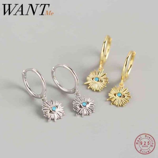 WANTME Geometric Round Real 925 Sterling Silver Blue Zircon Demon Eye Stud Earrings for Women Evil Eyes Ear Hoop Jewelry 210507