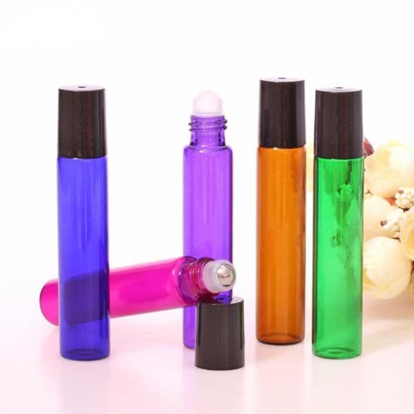 wholesale 10ml Empty Glass Roll On Bottle Blue Red Green Amber Clear Roller Container 1/3OZ for Essential Oil, Aromatherapy, Perfumes and Lip Balms