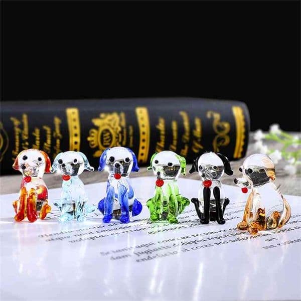 H&D Set of 6 Miniature Glass Figure Dog Hand Blown Murano Glass Art Animal Pet Figurines Home Desktop Decor Collectible Gifts 210811
