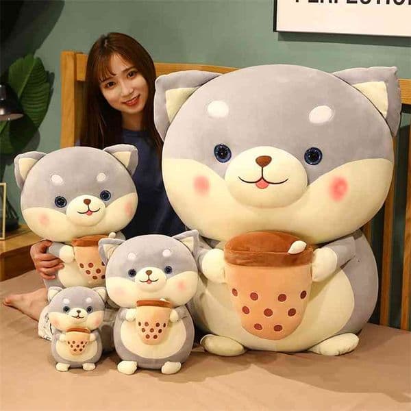 20/35/45cm Kawaii Shiba Inu Dog Holding Bubble Tea Cup Plush Toys Stuffed Soft Animal Pillow Dolls for Girls Birthday Gifts 210728
