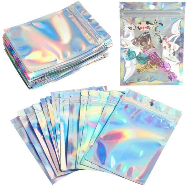 wholesale Resealable Smell Proof Bags Aluminum Foil Zipper Pouch Bag Holographic Packaging for Food Snack Jewelry Storage