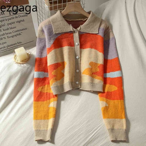Ezgaga Knitted Cardigan Women Sunset Oil Painting Turn-down Collar Long Sleeve Cropped Sweater Loose Button Student Fashion 210430