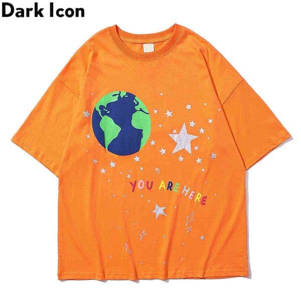 Star Earth Printed Hip-hop T-shirt Summer Cotton Tee Shirts Streetwear Clothing Orange White Black 210603