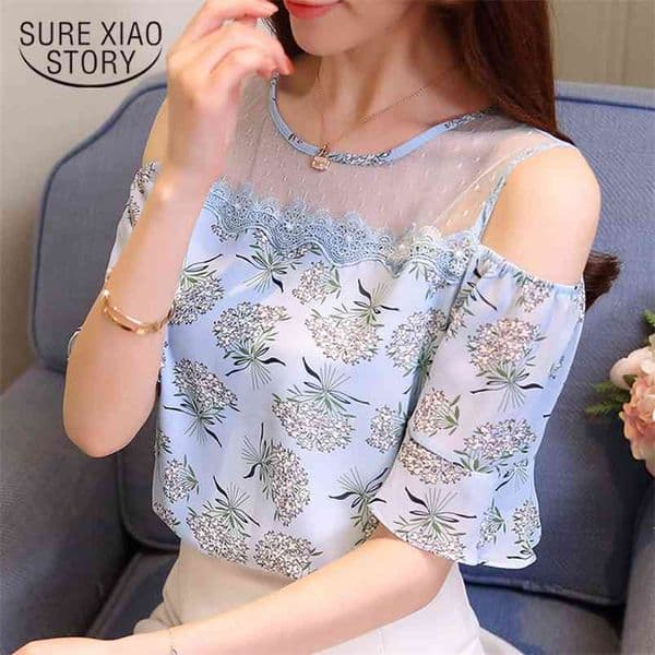 fashion Women blouses short sleeve summer tops hollow lace print chiffon blouse shirt plus size off shoulder top 2851 50 210506