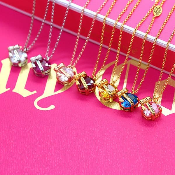 Juicy Necklace Korean Version Simple Fashion Candy Color Heart-shaped Crystal Clavicle Chain Versatile Minority Love Bow Zircon Female