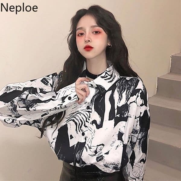 Neploe Harajuku Print Shirts Women Retro Turn Down Collar Single Breasted Blouses Loose Casual Long Sleeve Female Tops A10032 210317