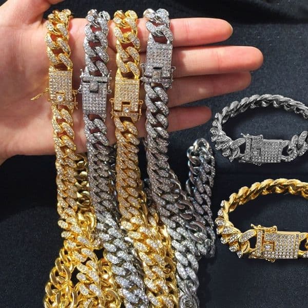 Hip Hop Jewelry Mens Gold Silver Miami Cuban Link Chain Necklaces Fashion Bling Diamond Iced Out Chian Necklace for Women Bracelet