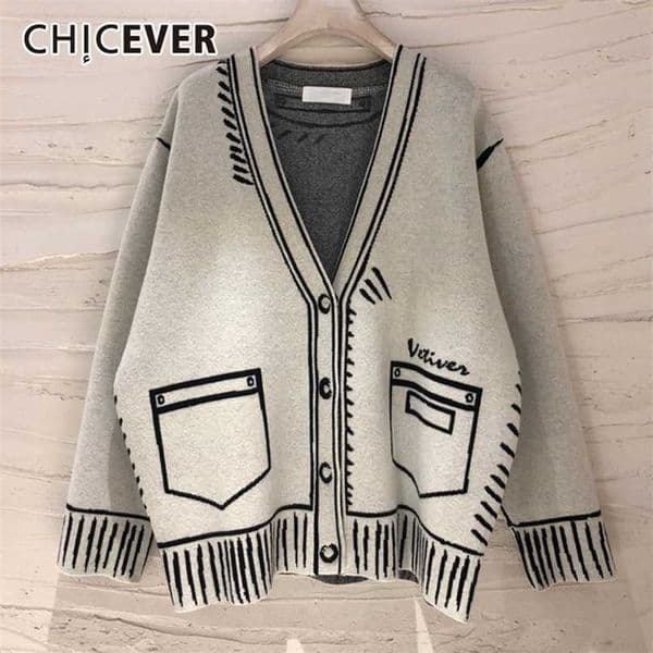 CHICEVER Casual Loose Sweaters For Women Print V Neck Long Sleeve Plus Size Elegant Cardigans Female Fashion Clothing Style 211218