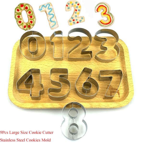 9Pcs 3D Creative Number Shaped Cookie Cutters Set Premium Stainless Steel Biscuit Mold Fondant Cutter Kitchen Baking Tool