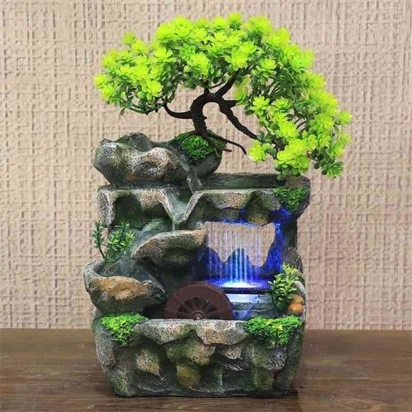 Creative Feng Shui Flowing Water Fountain Desktop Resin Rockery Landscape Waterfall Crafts with 7-Color Led Change 210924