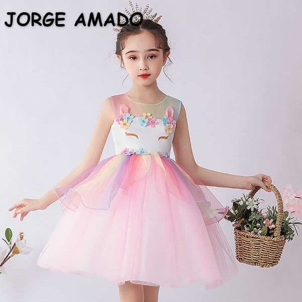 Summer Kids Girls Dresses Sleeveless Cartoon Unicorn Tutu Princess Dress for Party Wedding Piano Perform E621 210610