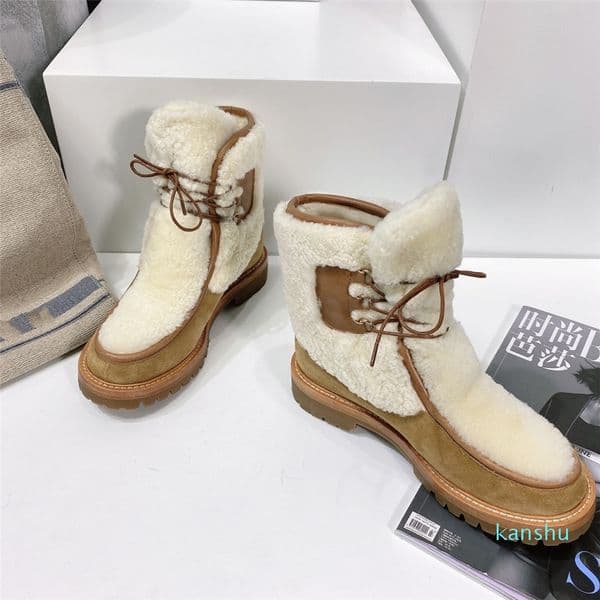 Shoes Women Winter Natural Kid Suede Platform Fur-lined Boots Patchwork Lace-up Wool Snow Boots Designer Shoes Botas De 22