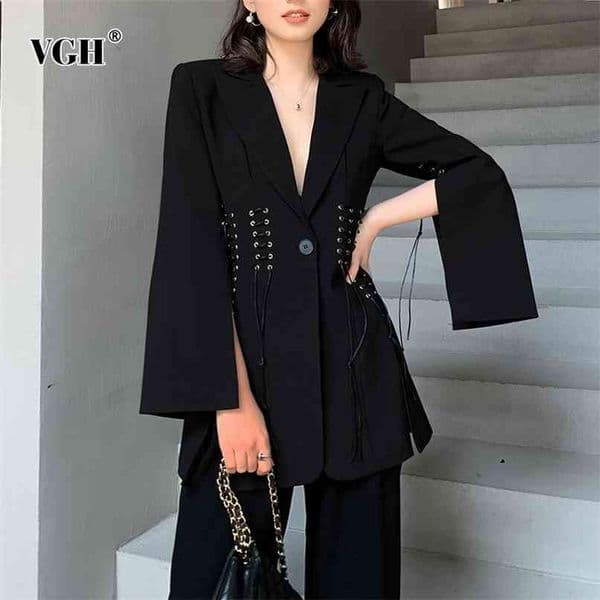 Black Patchwork Blazer For Women Notched Long Sleeve Tunic Split Casual Blazers Female Fashion Clothing Spring 210531