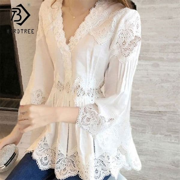 Spring Autumn New Arrival Ladies Sweet Ruffles V-Neck Fashion Lace Shirt Patchwork Hollow Out Women Blouses Casual Tops T80202L 210317