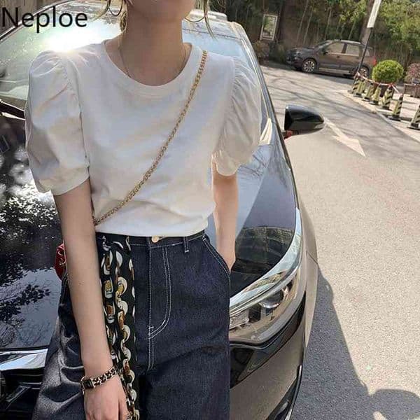 Neploe Summer Shirts for Women Korean Fashion Tshirt O-neck Short Puff Sleeve Tees Loose All-match Cotton White Tops Mujer 210422