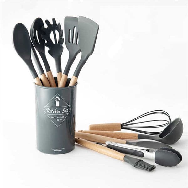 9/11/12PCS Silicone Utensils Non-stick Spatula Shovel Wooden Handle Cooking Set with Storage Box Kitchen Tools T200415