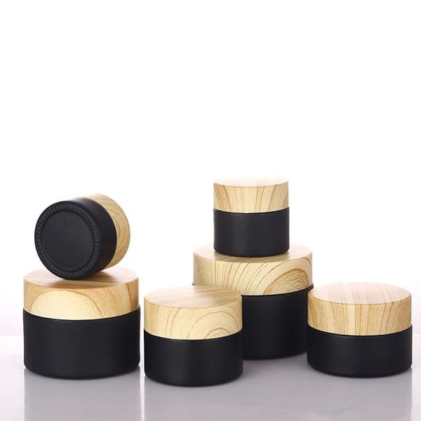 wholesale Black Frosted Packing Bottles Glass Jars Cosmetic Jar With Woodgrain Plastic Lids 5g 10g 15g 20g 30 50g Lip Balm Cream Containers