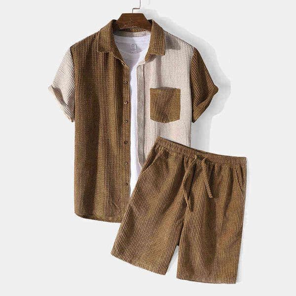 Men's Corduroy Sets Summer Patchwork Short Sleeve Lapel Button Solid Color Shirts & Shorts Streetwear Men's Clothing Suits S-3XL H1208