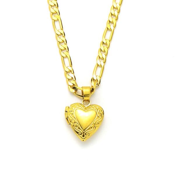 Womens Lines Heart Pendant 14k Solid Yellow Gold GF Italian Figaro Link Chain Necklace 24" 3 mm
