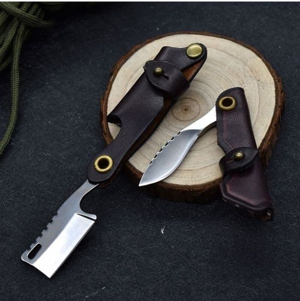 Special Offer Small Keychain Folding Blades Knife D2 Satin Blade knife Cow Leather Sheath Handle Knives EDC Tools