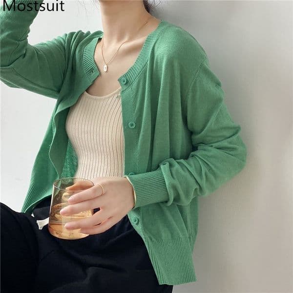 Korean Solid Thin Knitted Cardigan Sweater Women Full Sleeve O-neck Single Breasted Sunscreen Tops Jumpers Femme 210514