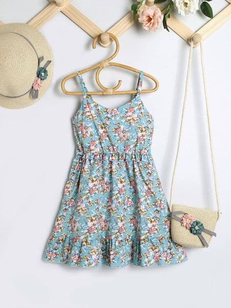 Toddler Girls Floral Print Frilled Waist Ruffle Hem Cami Dress SHE