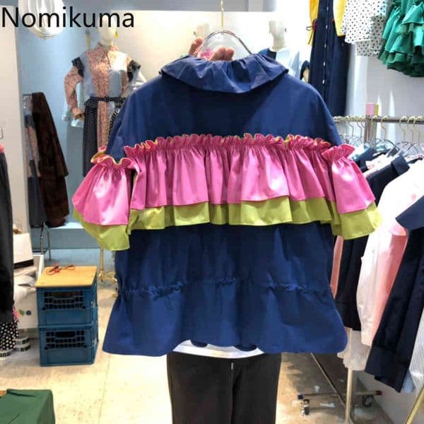 Nomikuma Elegant Hit Color Ruffle Patchwork Women Blouse Drawstring Slim Waist Flare Sleeve Blusas Shirt Camisas Mujer 6G764 210427