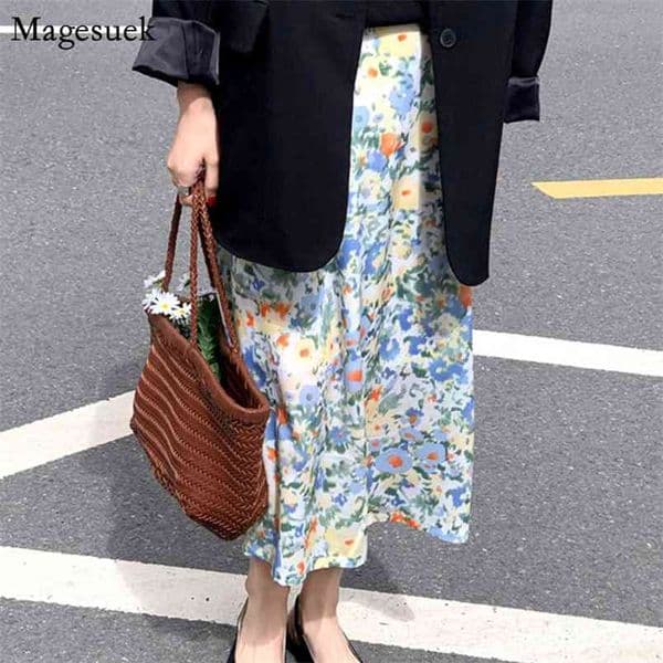 High Waist A-line Skirts Womens korean style Summer Autumn Vintage Midi Woman Print Floral Elegant Long Skirt 9945 210512