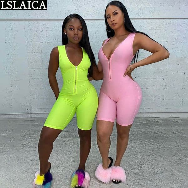 Fashion bodycon jumpsuit solid color V-neck sexy elegant rompers womens summer zip sleeveless sport women 210520