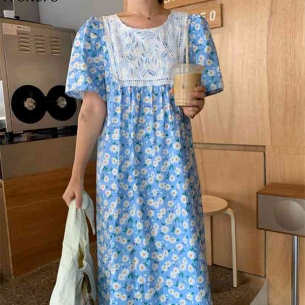 Korean Elegant Woman Dresses Crew Neck Lace Patch Retro Floral Print A-line Femme Robes Short Sleeve Maix Vestidos 210519