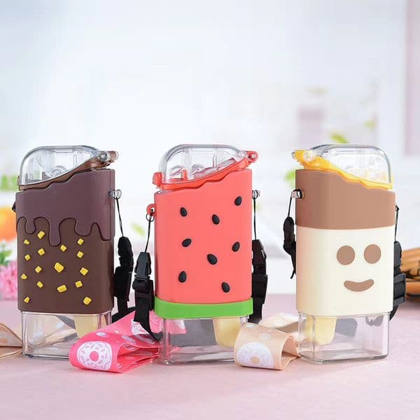 Summer Cute Donut Ice Water Bottle With Straw Creative Square Watermelon Cup Portable Leakproof Tritan L260521B3CP