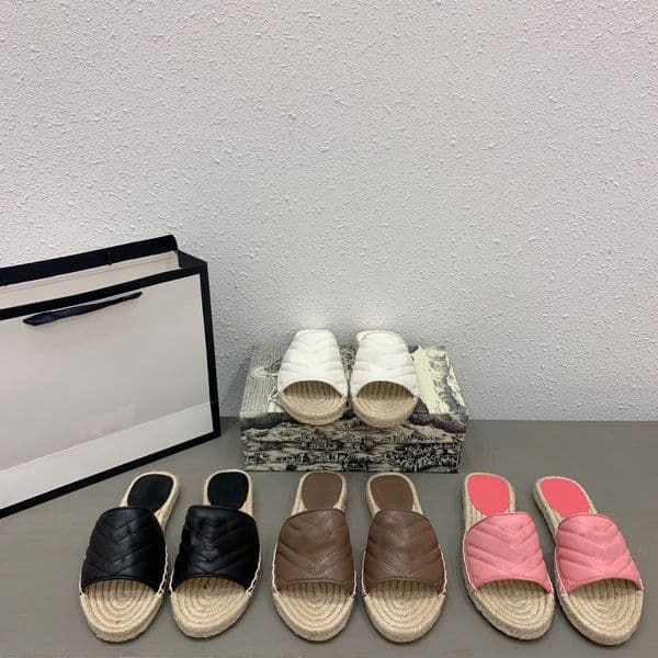 2021 designer sandals women outdoor shoes Leather Espadrille Sandal Luxury Slipper Flat Platform slides With The Double G Metal Beach Weave Shoe