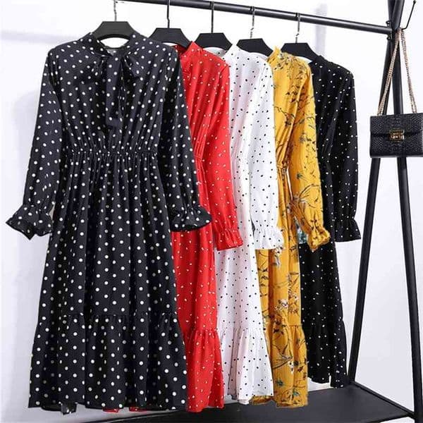 Chiffon Dress For Women, Ral Dot Print, Spring Autumn, Stand Collar With Bow, Ruffles, Long Sleeve, Elegant, Cute