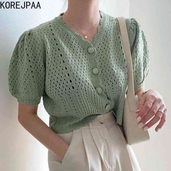Women Sweater Summer Korean Chic Girl Gentle Temperament V-Neck Single-Breasted Loose Puff Sleeve Knit Cardigans 210514