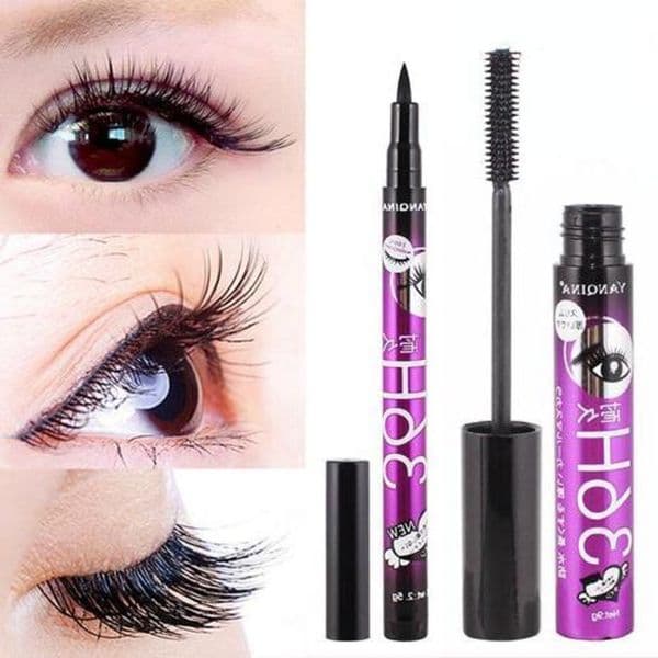 Black Mascara + Eyeliner Pencil Makeup Set Silk Fiber 2 in 1 Extend Thick Eyelash Slim Thick Curling Waterproof Cosmetics Kit