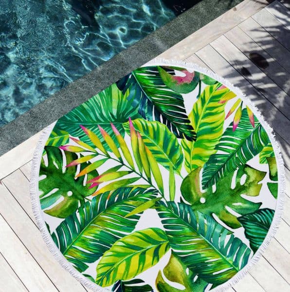 The Latest 150Cm Round Printed Beach Towel, Green Plant Style Plus Peach Skin, Tassels Soft Feel, Support Custom LOGO B2