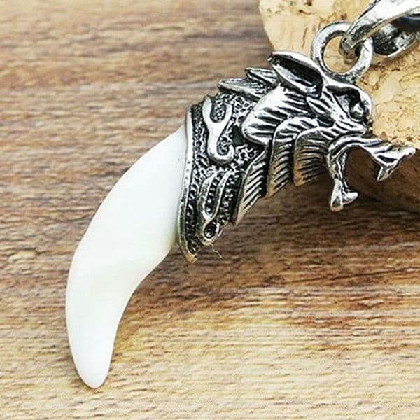 Men Antique Silver Tribal Stark Wolf Fang Tooth Pendant Necklace, Vintage Wolf Tooth Dragon Alloy Pendant Necklace ZMPJ180#C4